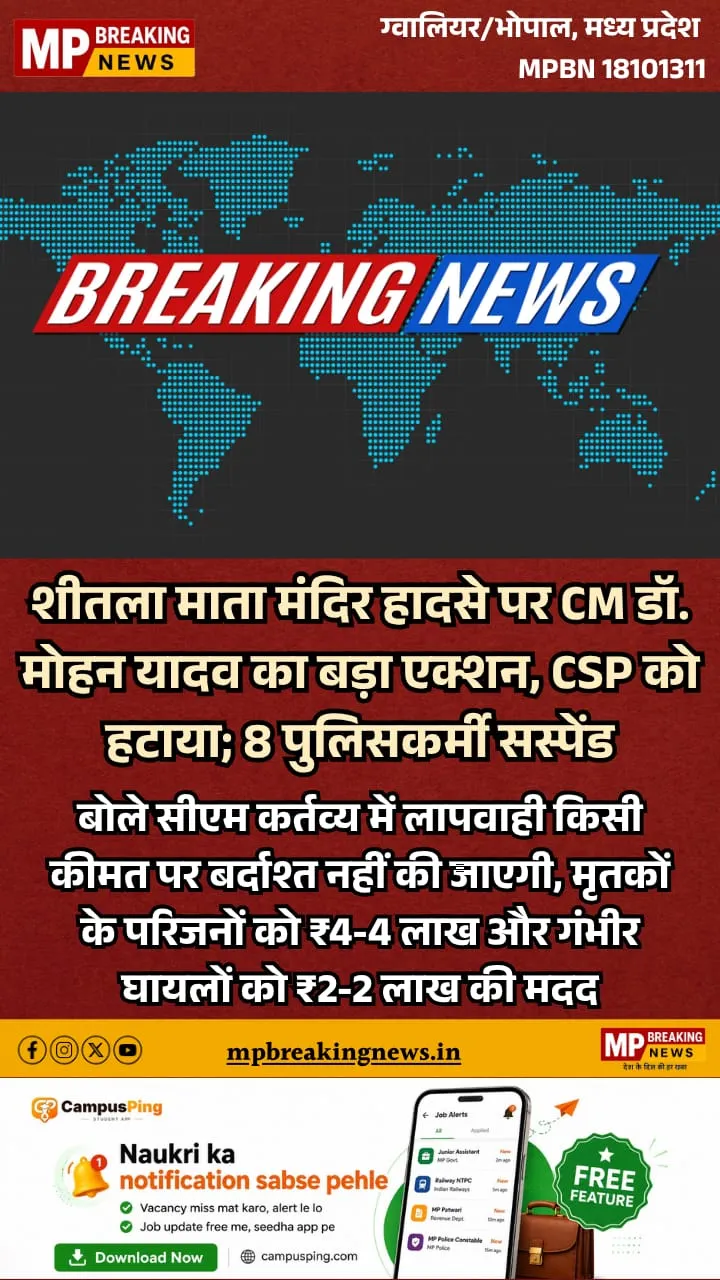 ग्वालियर हादसे पर CM डॉ. मोहन यादव का बड़ा एक्शन, CSP को हटाया; 8 पुलिसकर्मी सस्पेंड