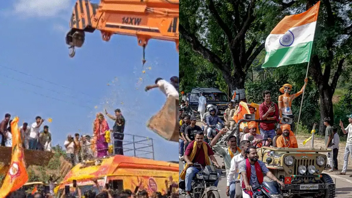 बागेश्वर धाम से निकली पंडित धीरेंद्र कृष्ण शास्त्री की रथयात्रा पन्ना पहुंची, अजयगढ़ में JCB से बरसाए गए फूल, काफिले में 200 से ज्यादा वाहन