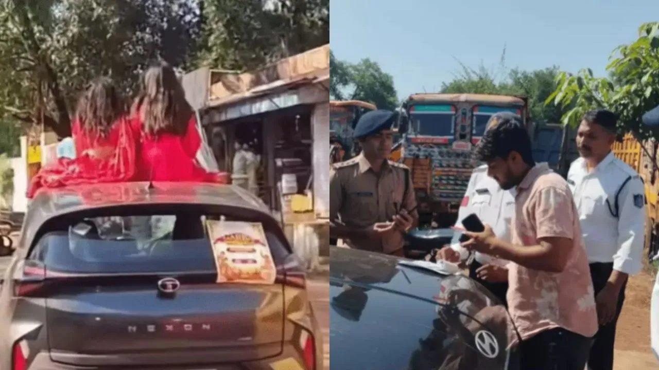 शिवपुरी: कार की छत पर बैठ गरबा इवेंट का प्रचार कर रही थी युवतियां, यातायात पुलिस ने काटा चलान