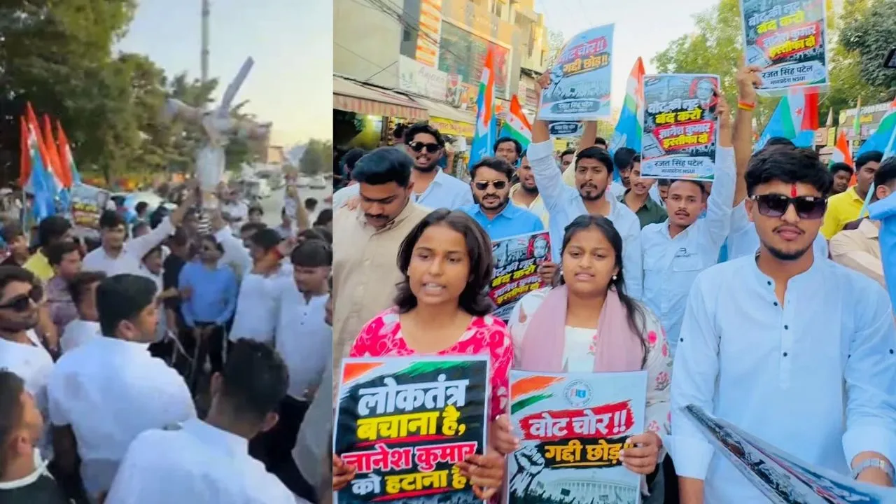 इंदौर में SIR और वोट चोरी के मुद्दे पर NSUI का विरोध प्रदर्शन, ज्ञानेश कुमार का पुतला जलाया, इस्तीफे की मांग
