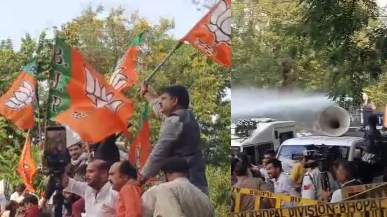 खरगे के बयान के विरोध में भाजपा ने खोला मोर्चा, भोपाल में कांग्रेस कार्यालय का घेराव, कार्यकर्ता बैरिकेड्स पर चढ़े, पुलिस ने चलाई वाटर कैनन