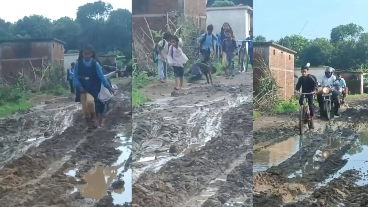 Umaria Children walking school on muddy path