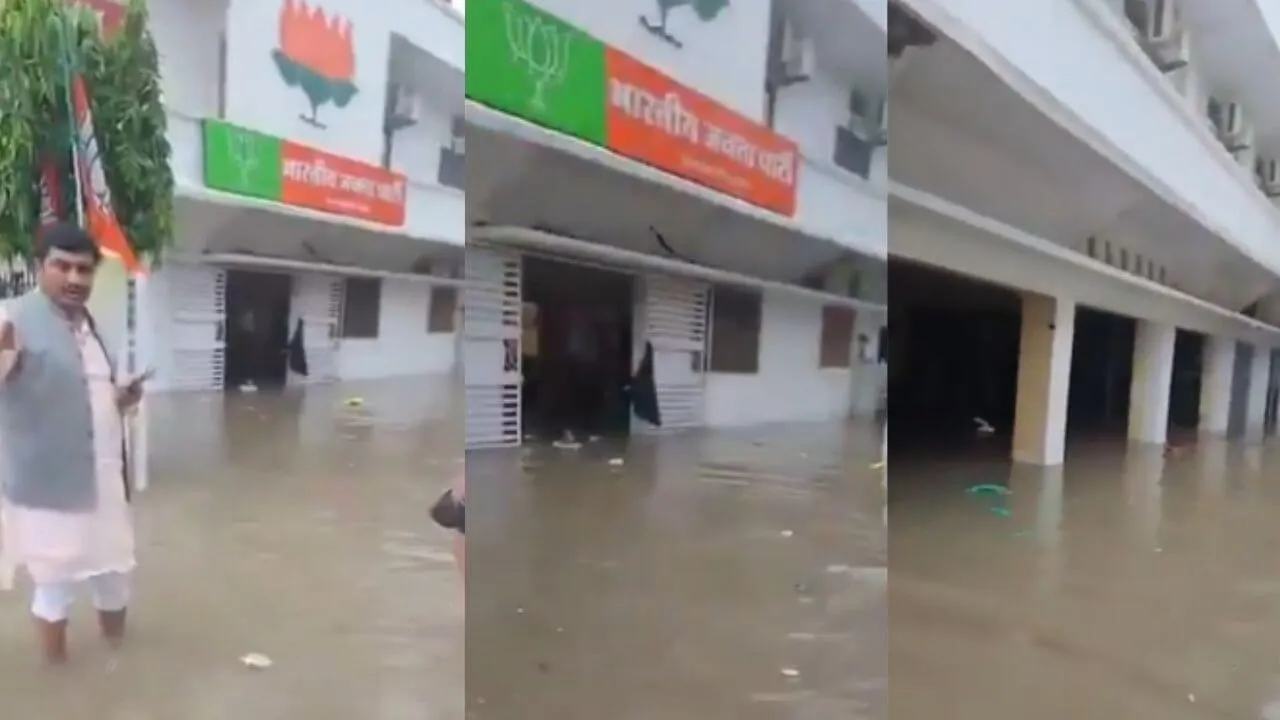 सतना में भारी बारिश से बिगड़े हालात, भाजपा कार्यालय परिसर हुआ जलमग्न, जीतू पटवारी बोले- ‘डबल इंजन’ नाव में..