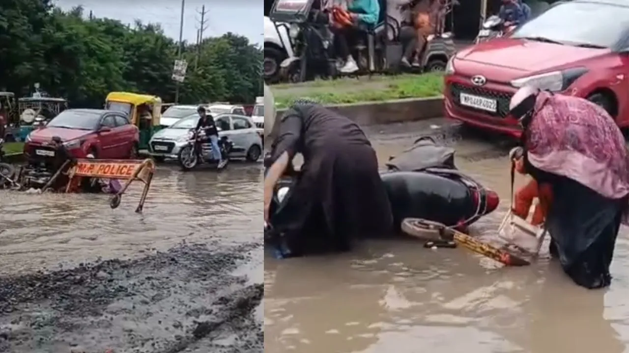 भोपाल की करोंद मंडी रोड पर हादसा, गड्ढे में फंसी बाइक और सड़क पर गिरे पति-पत्नी-बच्चा, VIDEO वायरल