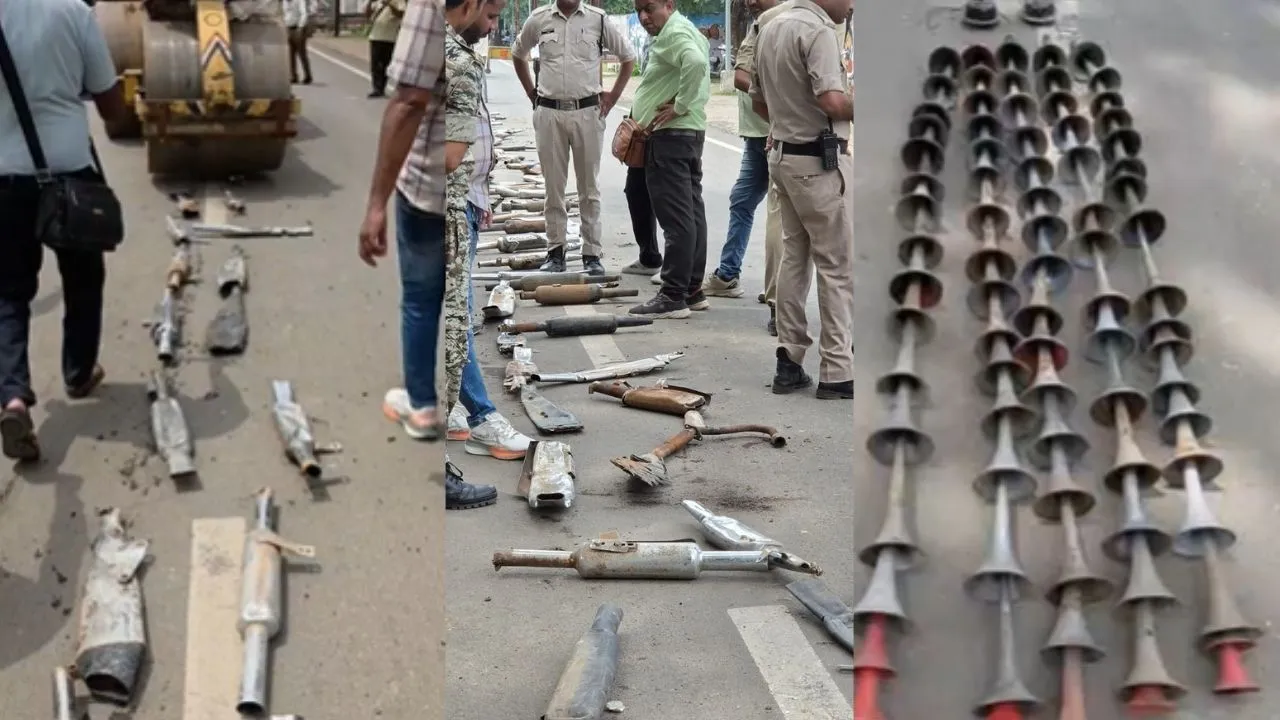 दमोह पुलिस का एक्शन, बाइक के मॉडिफाइड साइलेंसर-हूटर और प्रेशर हॉर्न पर रोड रोलर चलाकर किए नष्ट