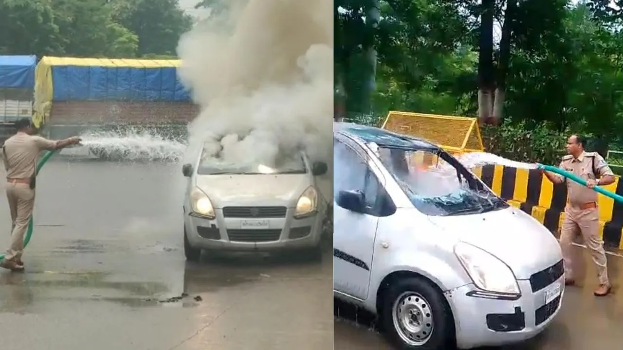 इंदौर में दर्दनाक हादसा, चलती कार बनी आग का गोला, पुलिस ने कांच तोड़कर झुलसे चालक को निकाला बाहर