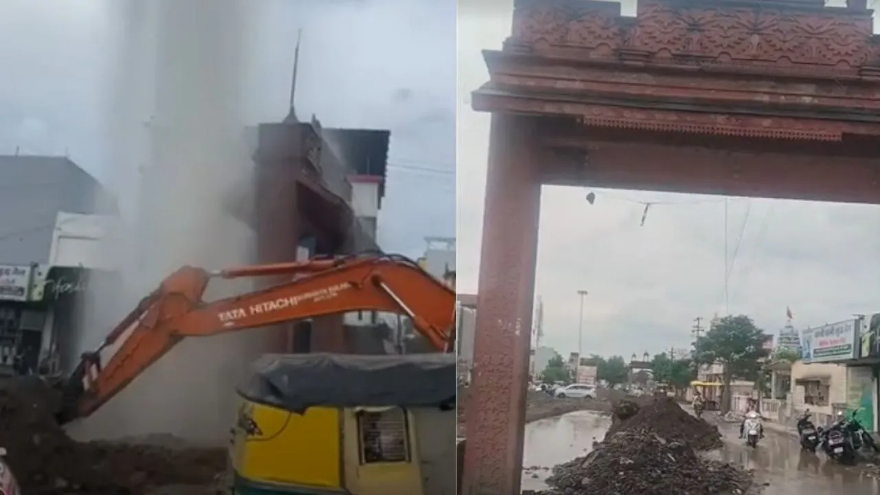 देवास में पोकलेन के पंजे से फूटी नर्मदा पाइपलाइन, हवा में 40 फीट ऊंचा उठा पानी का फव्वारा, सड़क जलमग्न