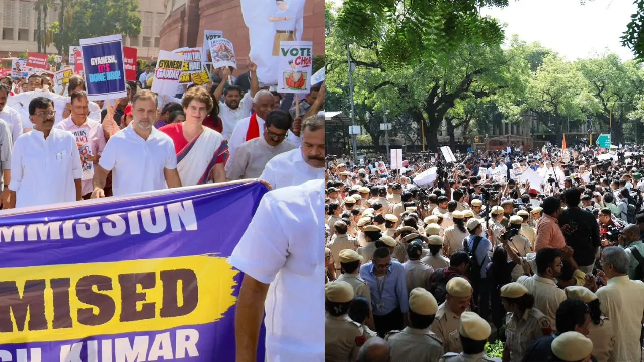 “ज्ञानेश कुमार इस्तीफा दो” नारों के साथ INDIA गठबंधन का हल्लाबोल, सांसदों ने निकाला विरोध मार्च, बैरिकेड पर चढ़े राहुल गांधी
